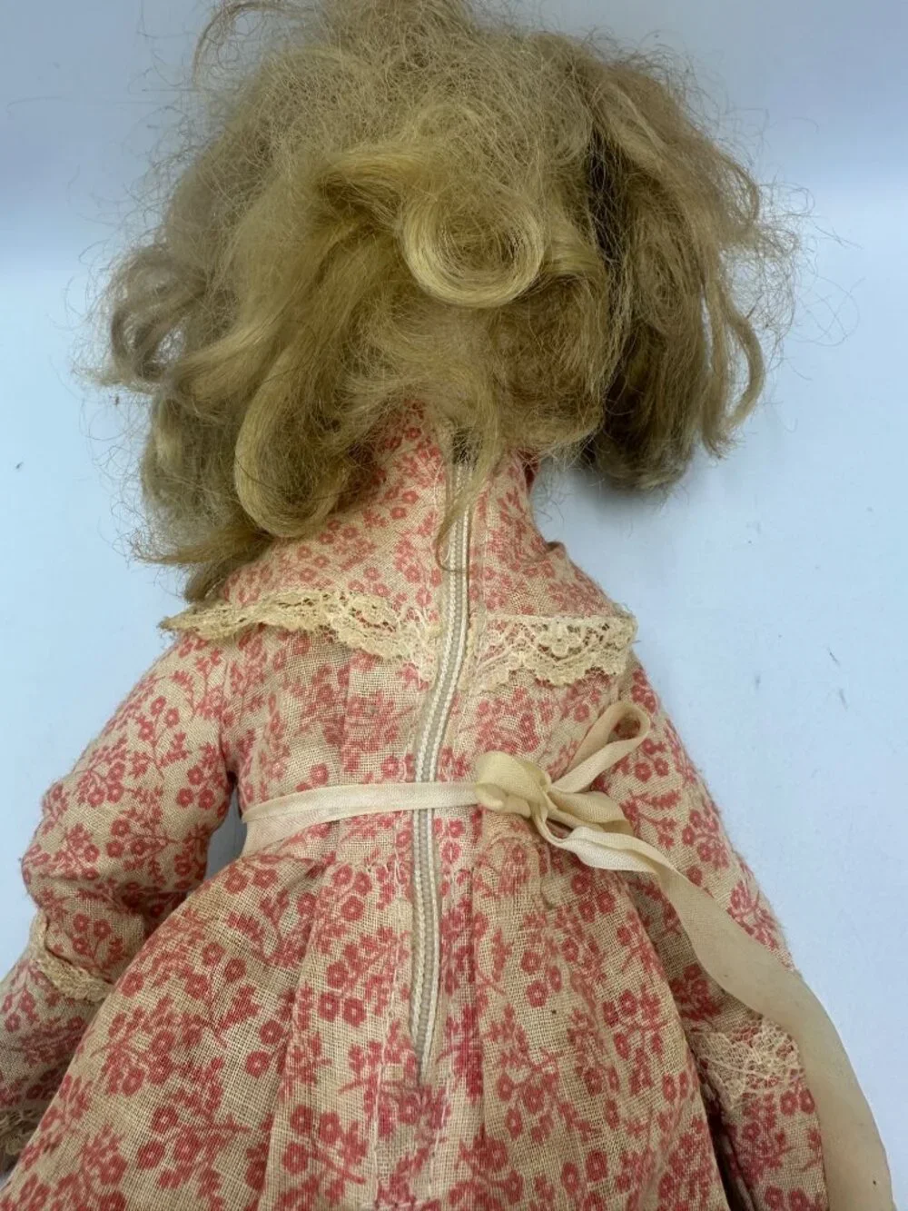 Antique Porcelain Doll With Floral Dress Blonde Hair & Lace Accents